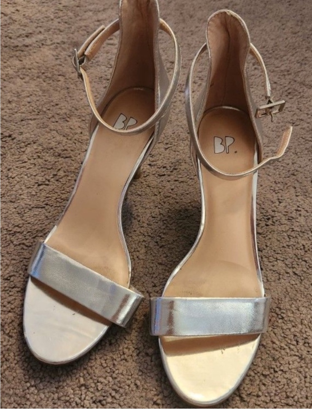 bp Silver Ankle-Strap Block Heel Sandals